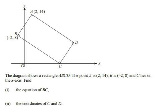 The diagram shows a rectangle abcd. the point a is (2, 14), b is (−2, 8) and c lies on the x-axis. f