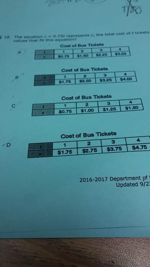 The equation c = 0.75t represents c, the total cost of t tickets on a bus. which table contains valu