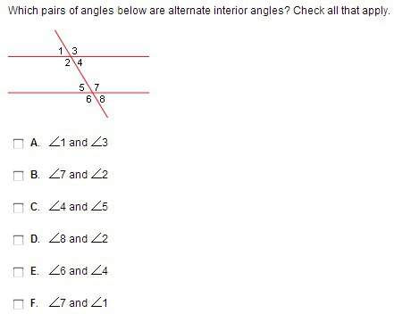 Which pairs of angles below are alternate interior angles? check all that apply.