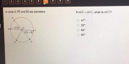 In circle o, rt and su are diameters.15x 8)10if mrv mvu, what is mvu? o 470o 5264°870
