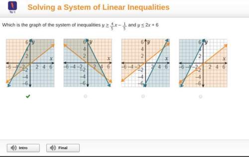Which is the graph of the system of inequalities y &gt; 4/5x -1/5 and y &lt; 2x + 6