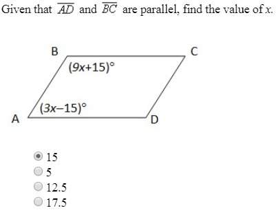 (8) check my answer geo i did 9x + 15 + 3x - 15 = 180 since same side interior angles a
