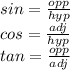 sin = \frac{opp}{hyp}\\cos = \frac{adj}{hyp}\\tan = \frac {opp}{adj}