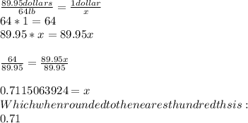 \frac{89.95 dollars}{64lb} = \frac{1 dollar}{x} \\64 * 1 = 64\\89.95 * x = 89.95x\\\\\frac{64}{89.95} = \frac{89.95x}{89.95}\\\\0.7115063924 = x\\Which when rounded to the nearest hundredths is:\\0.71