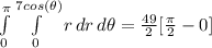\int\limits^\pi_0 {\int\limits^{7cos(\theta)}_0 {r} \, dr } \, d\theta = \frac{49}{2} [\frac{\pi}{2}  - 0]