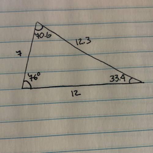 In a triangle , two sides that measure 7 centimeters and 12 centimeters form an angle that measures