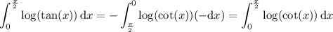 \displaystyle\int_0^{\frac\pi2}\log(\tan(x))\,\mathrm dx=-\int_{\frac\pi2}^0\log(\cot(x))(-\mathrm dx)=\int_0^{\frac\pi2}\log(\cot(x))\,\mathrm dx