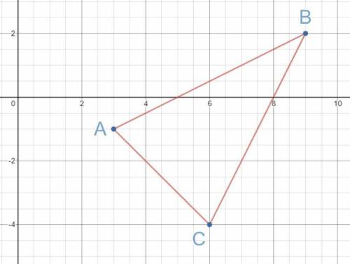 Prove that triangle ABC is Isosceles, given the following points.

A (3, -1) 
B (9, 2) 
C (6, -4)