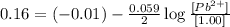 0.16=(-0.01)-\frac{0.059}{2}\log\frac{[Pb^{2+}]}{[1.00]}