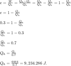 e = \frac{W}{Q_h} = \frac{Q_h-Q_c}{Q_h} = \frac{Q_h}{Q_h} - \frac{Q_c}{Q_h}  = 1-\frac{Q_c}{Q_h}\\\\e = 1-\frac{Q_c}{Q_h}\\\\0.3 = 1-\frac{Q_c}{Q_h}\\\\\frac{Q_c}{Q_h} = 1-0.3\\\\\frac{Q_c}{Q_h} = 0.7\\\\Q_h = \frac{Q_c}{0.7} \\\\Q_h = \frac{6464}{0.7} = 9,234.286 \ J.