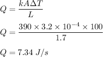 Q = \dfrac{kA\Delta T }{L}\\\\Q = \dfrac{390\times 3.2 \times 10^{-4} \times 100}{1.7}\\\\Q = 7.34  \ J/s