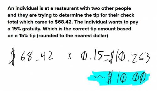 An individual is at a restaurant with two other people and they are trying to determine the tip for