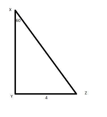 In right triangle XYZ, triangle Y is the right angle and m angleX = 60 degrees. If YZ= 4 what is XY