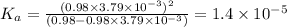 K_a=\frac{(0.98\times 3.79\times 10^{-3})^2}{(0.98-0.98\times 3.79\times 10^{-3})}=1.4\times 10^{-5}