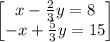 \begin{bmatrix}x-\frac{2}{3}y=8\\ -x+\frac{5}{3}y=15\end{bmatrix}