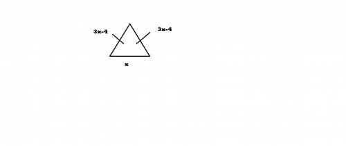 The length of the base of an isosceles triangle is x. The length of a leg is 3x - 4. The perimeter o