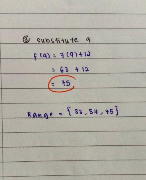 Will give branliest

Given f(x)=7x+12 and Domain={3,6,9} find Range
{21,42,63}
{9,6,3} 
{33,54,75}
{