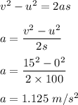 v^2 -u^2 = 2as\\\\a = \dfrac{v^2-u^2}{2s}\\\\a = \dfrac{15^2 -0^2}{2\times 100}\\\\a = 1.125\ m/s^2