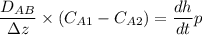$\frac{D_{AB}}{\Delta z } \times (C_{A1}-C_{A2})=\frac{dh}{dt} p$