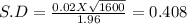 S.D = \frac{0.02X\sqrt{1600} }{1.96} = 0.408