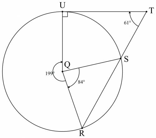 In circle q shown below, the marc ur is 199° and the marc rs is 84°. circle with center q with a tan