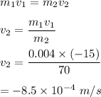 m_1v_1=m_2v_2\\\\v_2=\dfrac{m_1v_1}{m_2}\\\\v_2=\dfrac{0.004\times (-15)}{70}\\\\=-8.5\times 10^{-4}\ m/s