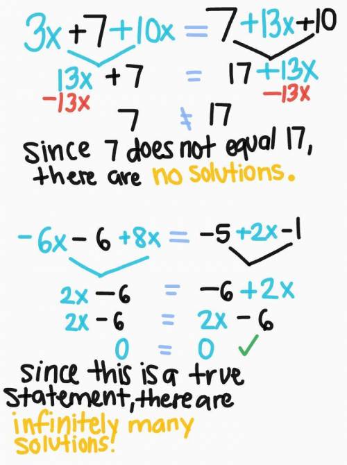 3x+7+10x=7+13x+10 has {fill in blank} solutions.

-6x-6+8x=-5+2x-1 has {fill in blank} solutions.
ch