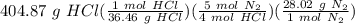 404.87 \ g \ HCl(\frac{1 \ mol \ HCl}{36.46 \ g \ HCl} )(\frac{5 \ mol \ N_2}{4 \ mol \ HCl} )(\frac{28.02 \ g \ N_2}{1 \ mol \ N_2} )