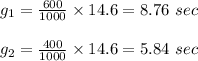 g_1=\frac{600}{1000}\times 14.6= 8.76 \ sec\\\\g_2=\frac{400}{1000}\times 14.6= 5.84 \ sec