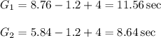 G_1= 8.76 -1.2+4 =11.56 \sec\\\\ G_2= 5.84 -1.2+4 =8.64 \sec
