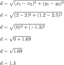 d = \sqrt{(x_1-x_2)^2+(y_1-y_2)^2}\\\\d = \sqrt{(2-2)^2+(1.2-2.5)^2}\\\\d = \sqrt{(0)^2+(-1.3)^2}\\\\d = \sqrt{0+1.69}\\\\d = \sqrt{1.69}\\\\d = 1.3\\\\