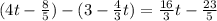 (4t-\frac{8}{5})-(3-\frac{4}{3}t)=\frac{16}{3}t-\frac{23}{5}