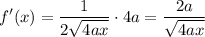 \displaystyle f^\prime(x)=\frac{1}{2\sqrt{4ax}}\cdot4a=\frac{2a}{\sqrt{4ax}}
