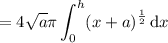 =\displaystyle4\sqrt a\pi\int_0^h (x+a)^{\frac12}\,\mathrm dx