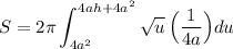\displaystyle S=2\pi\int_{4a^2}^{4ah+4a^2}\sqrt{u}\, \Big(\frac{1}{4a}\Big)du