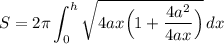 \displaystyle S=2\pi\int_{0}^{h}\sqrt{4ax\Big(1+\frac{4a^2}{4ax}\Big)}\,dx