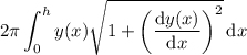 2\pi\displaystyle\int_0^h y(x) \sqrt{1+\left(\frac{\mathrm dy(x)}{\mathrm dx}\right)^2}\,\mathrm dx