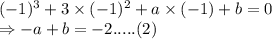 (-1)^3 +3 \times (-1)^2 +a\times (-1) +b =0\\\Rightarrow -a+b=-2 ..... (2)