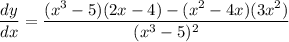 \dfrac{dy}{dx}=\dfrac{(x^3-5)(2x-4)-(x^2-4x)(3x^2)}{(x^3-5)^2}