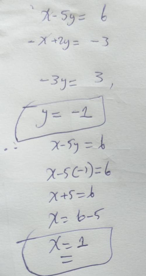Finish solving the system of equations X -5 y =6 and-x+2y=_3 what is the value of y substitute the v