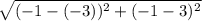 \sqrt{( - 1 - ( - 3)) {}^{2} + ( - 1 - 3) {}^{2}  }