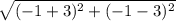\sqrt{( - 1 + 3) {}^{2} + ( - 1 - 3) {}^{2}  }