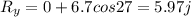 R_y = 0 + 6.7cos27= 5.97j