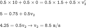 \tt 0.5\times 10+0.5\times 0=0.5\times 1.5+0.5\times v_2'\\\\5=0.75+0.5v_2\\\\4.25=0.5v_2\rightarrow v_2=8.5~m/s