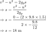 v^2-u^2=2g_ps\\\Rightarrow s=\dfrac{v^2-u^2}{2g_p}\\\Rightarrow s=\dfrac{0-(2\times 9.8\times 1.5)}{2\times -\dfrac{9.8}{12}}\\\Rightarrow s=18\ \text{m}