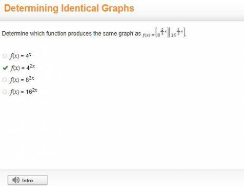 Determine which function produces the same graph as fx (x) = (8 2/3 x ) (16 1/2 x ). f(x) = 4x f(x)
