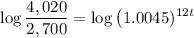 {\displaystyle \log\frac{4,020}{2,700}=\log\left(1.0045)^{12t}}