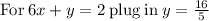 \mathrm{For\:}6x+y=2\mathrm{\:plug\:in\:}y=\frac{16}{5}