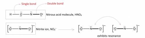 Incomplete Lewis structures for the nitrous acid molecule, HNO2, and the nitrite ion, NO2-, are show