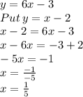 y=6x-3\\Put\:y=x-2\\x-2=6x-3\\x-6x=-3+2\\-5x=-1\\x=\frac{-1}{-5}\\x=\frac{1}{5}
